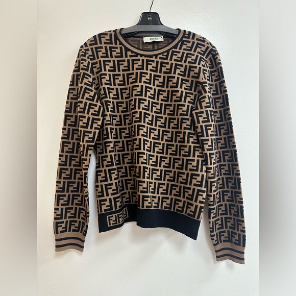 Fendi FF Motif Monogram Jacquard Long Sleeve Sweater in Brown - Picture 5 of 10